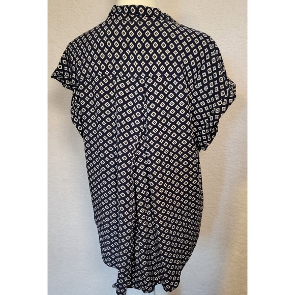 Jachs Girlfriend Top XXL‎ Button-Up Cap Sleeve Geometric Navy Blue Women's 0863 - Picture 2 of 5